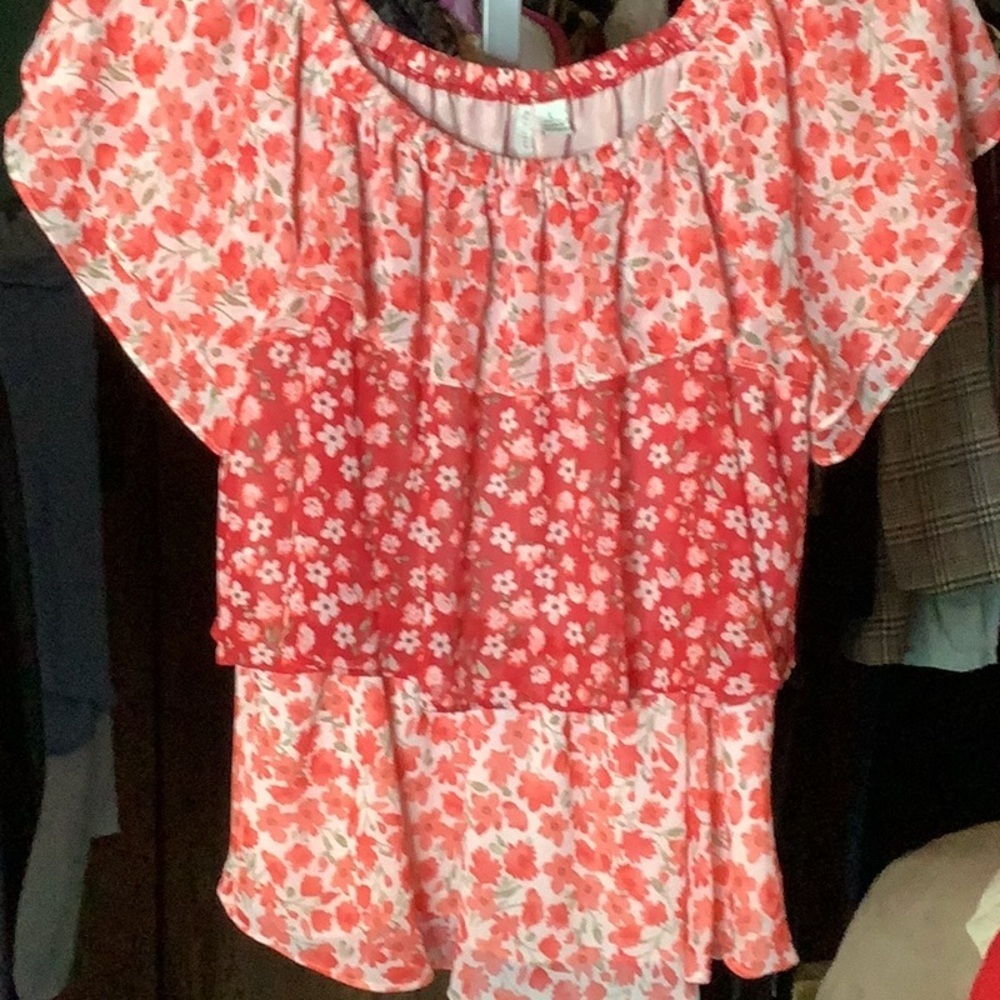 🌸 Boho Floral Peasant Top Blouse Women’s L Red Tiered Festival Summer Bohemian - Picture 4 of 6